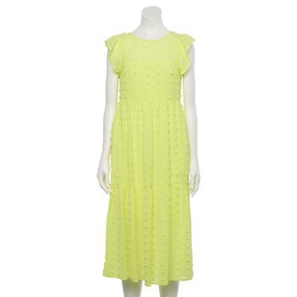 SO® Pom Pom textured Flutter Sleeve Tiered Midi Dress - Picture 14 of 15